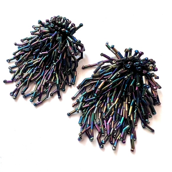 Vintage Fringe Earrings Clips Starburst Dangle Beaded Iridescent Peacock Mermaid - Picture 6 of 7